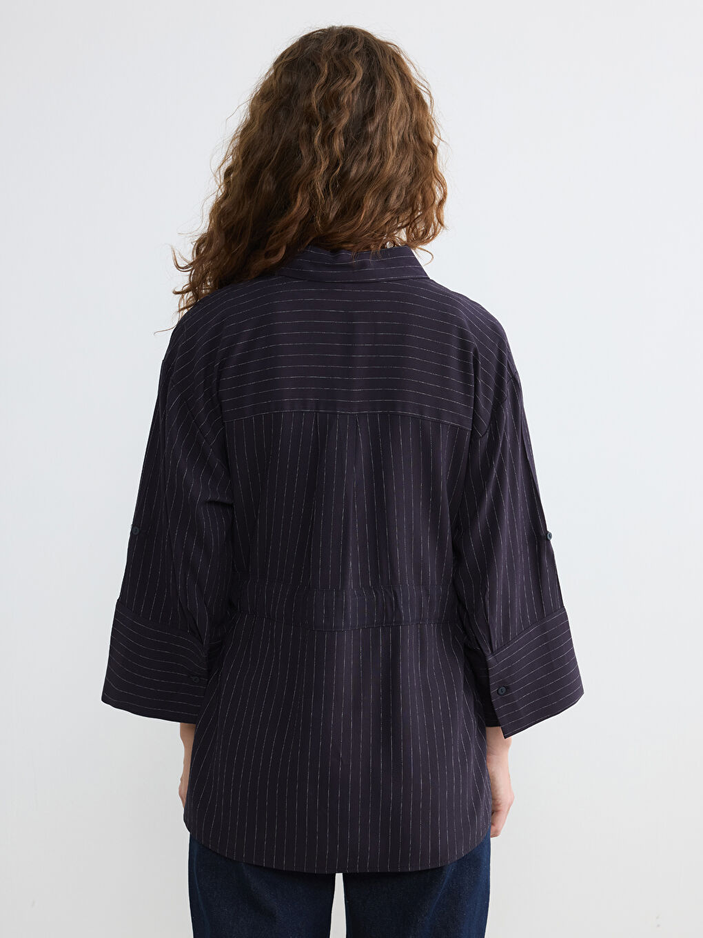 Lacivert Çizgili Bağlamalı Oversize Kadın Gömlek-3