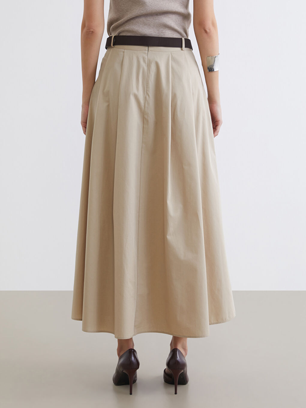 Bej Beli Kemerli Pileli Etek-3