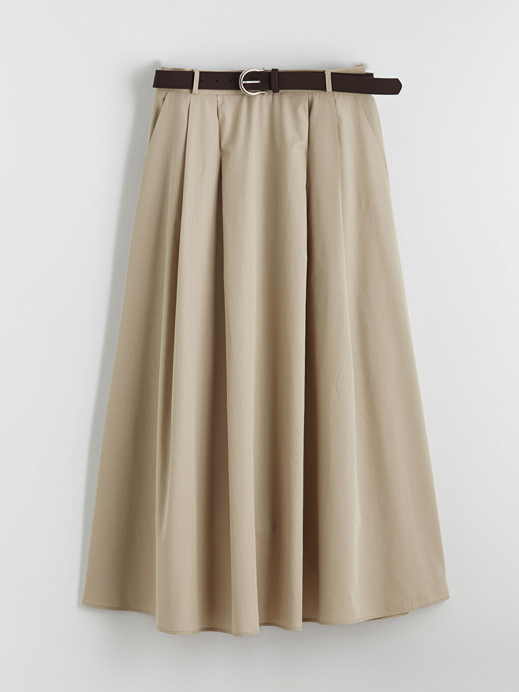 Bej Beli Kemerli Pileli Etek-4