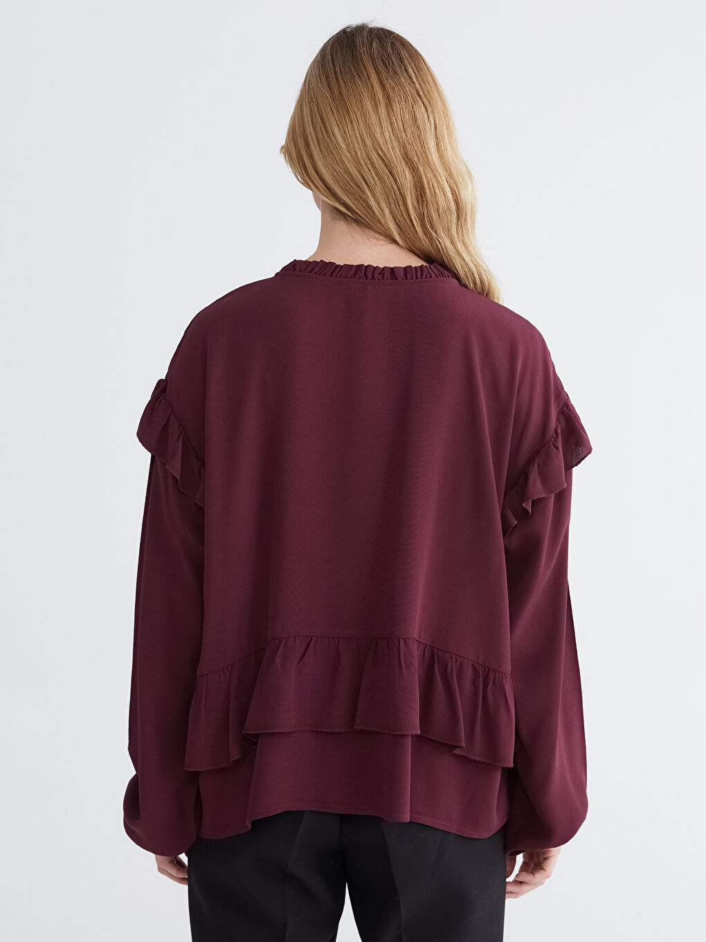 Bordo Bağlamalı Yaka Oversize Fırfırlı Bluz-3