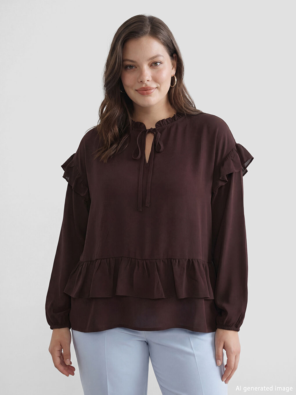 Kahverengi Bağlamalı Yaka Oversize Fırfırlı Bluz-1