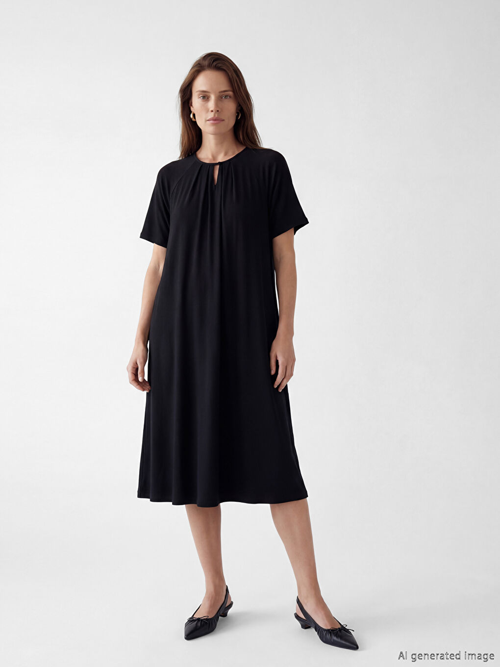 Siyah Bisiklet Yaka Büzgülü A Kesim Elbise-2