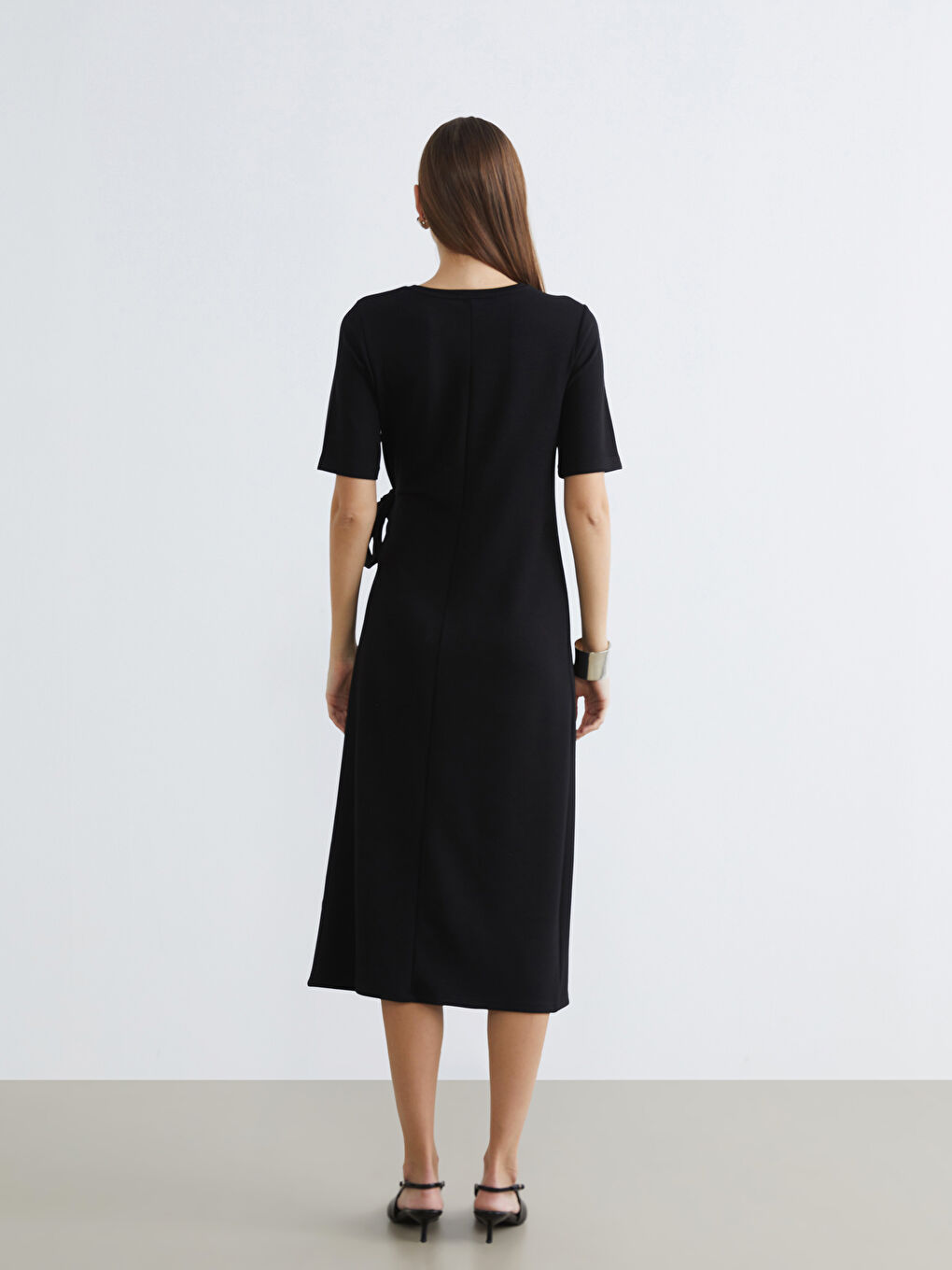 Siyah Bisiklet Yaka Bağlamalı Elbise-3