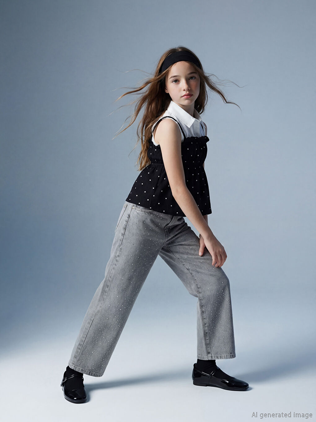 جينز بناتي مرصع بحبات الراين بخصر مرن ورِجل واسعة