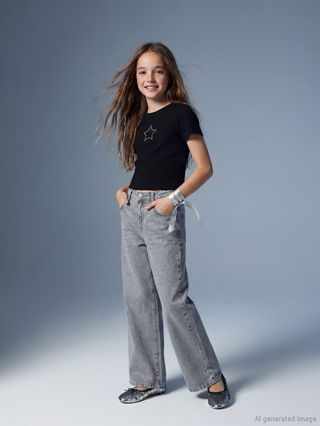 جينز بناتي مرصع بحبات الراين بخصر مرن ورِجل واسعة-1