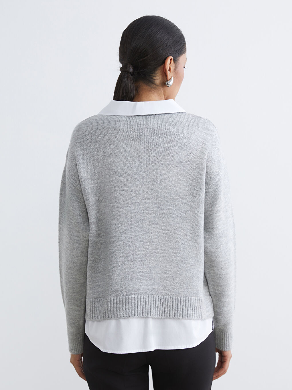 Gri Gömlek Yaka Kadın Triko Kazak	-3