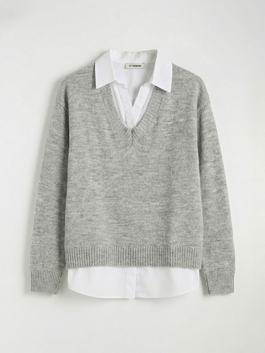 Gri Gömlek Yaka Kadın Triko Kazak	