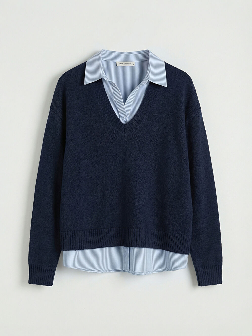 Lacivert Gömlek Yaka Çizgili Kadın Triko Kazak	