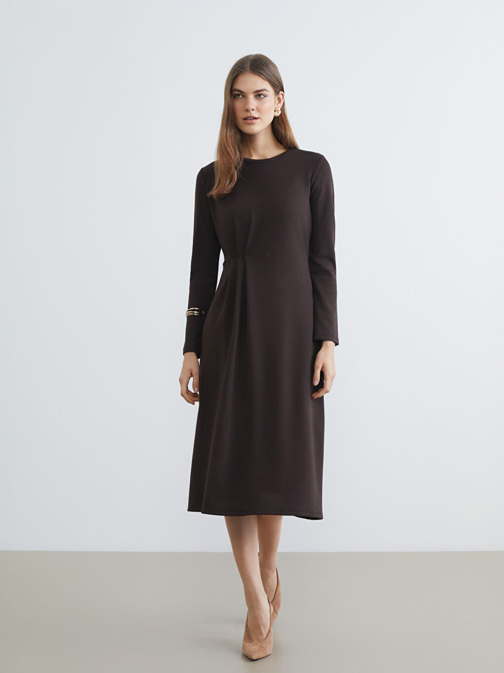 Kahverengi Bisiklet Yaka Büzgülü Elbise