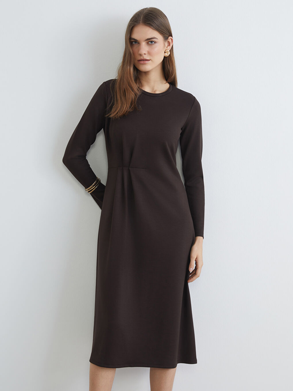 Kahverengi Bisiklet Yaka Büzgülü Elbise-2