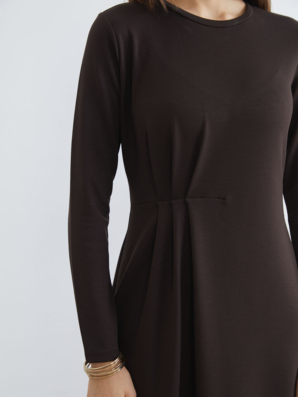 Kahverengi Bisiklet Yaka Büzgülü Elbise-3