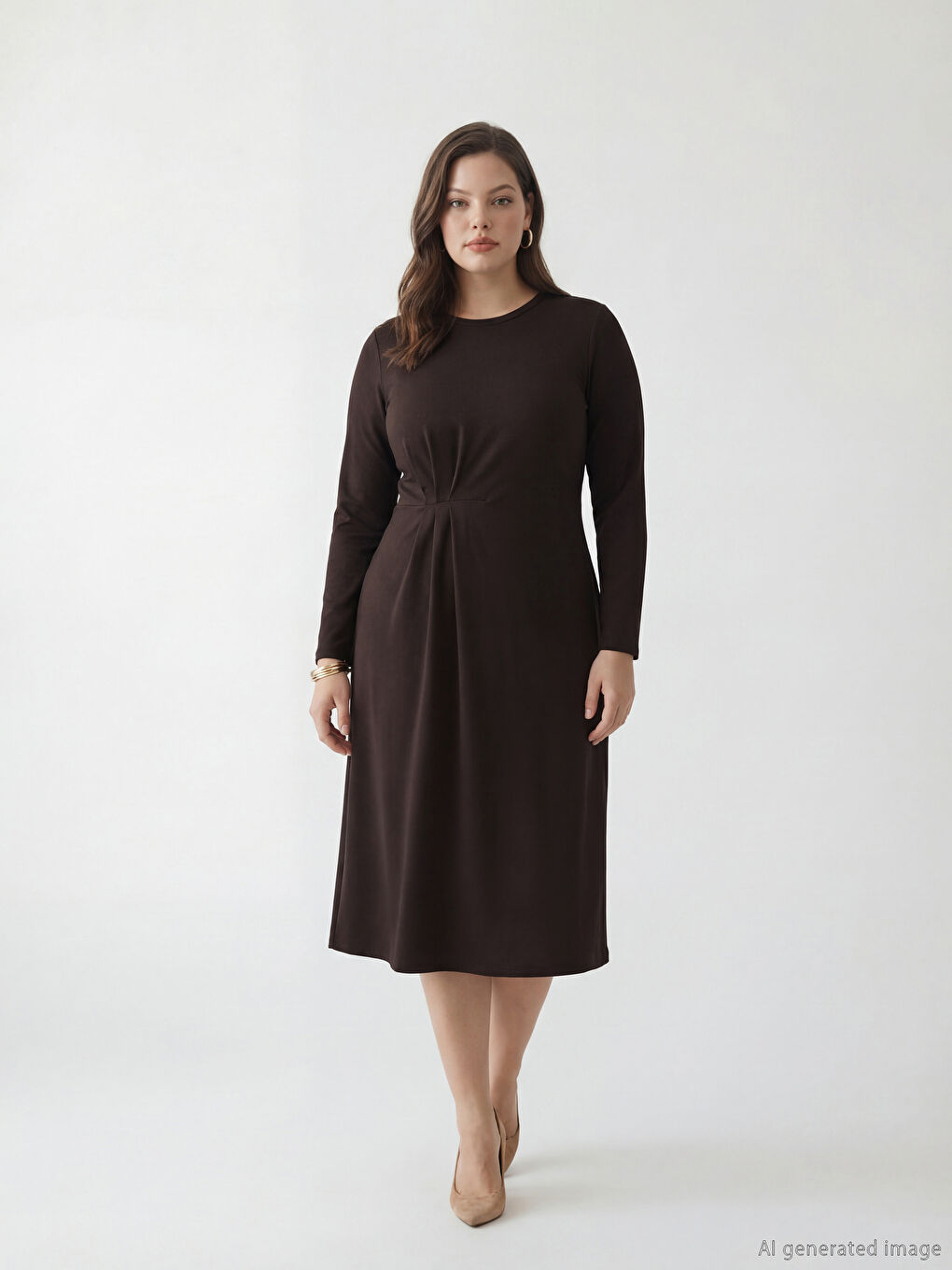 Kahverengi Bisiklet Yaka Büzgülü Elbise-1