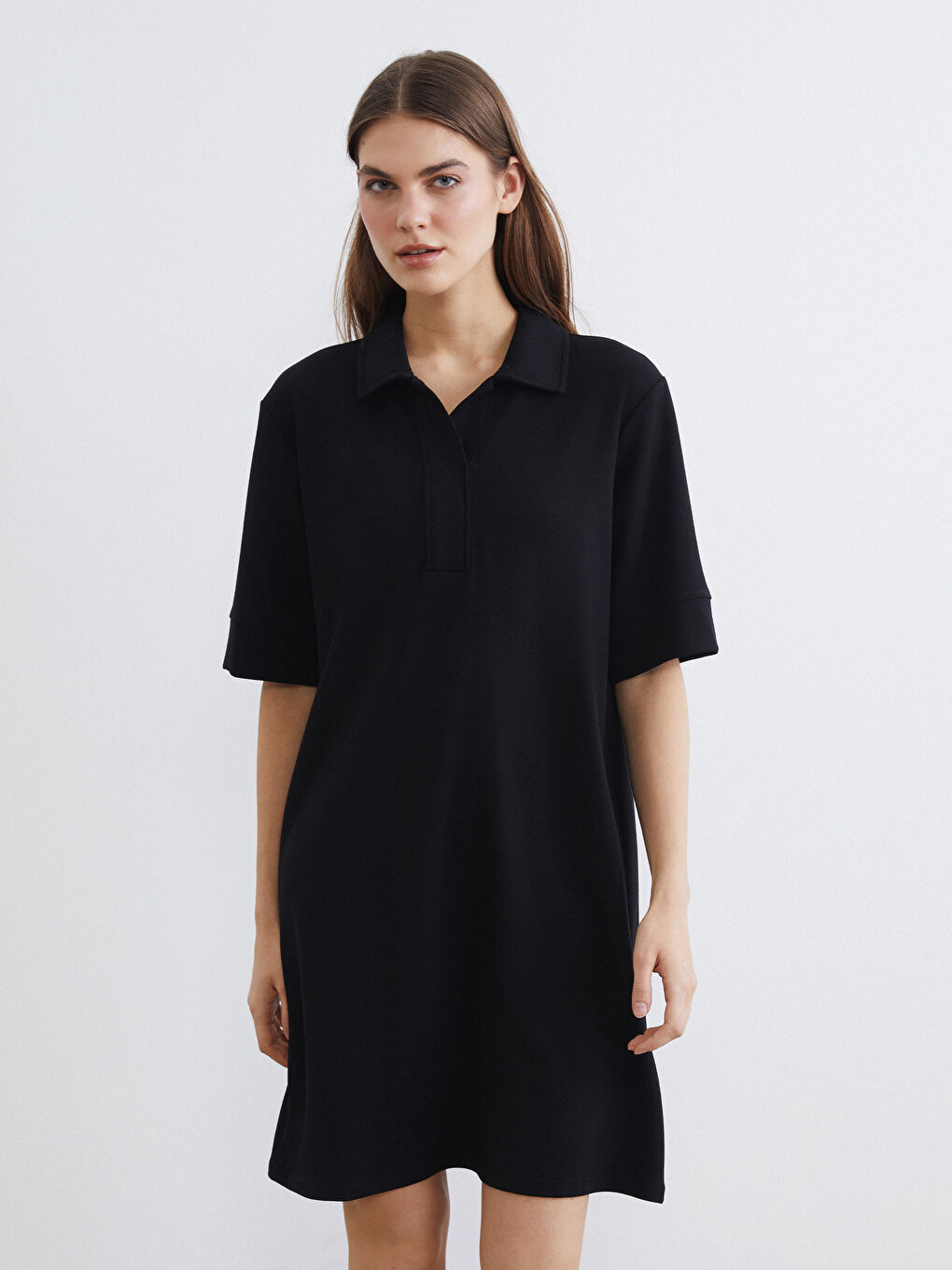 Siyah Polo Yaka Soft Touch Mini Elbise