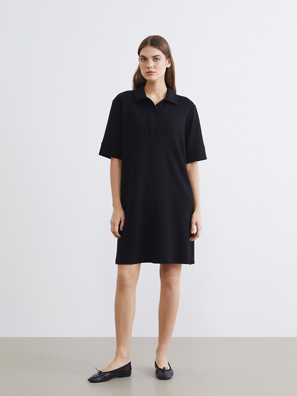 Siyah Polo Yaka Soft Touch Mini Elbise-2