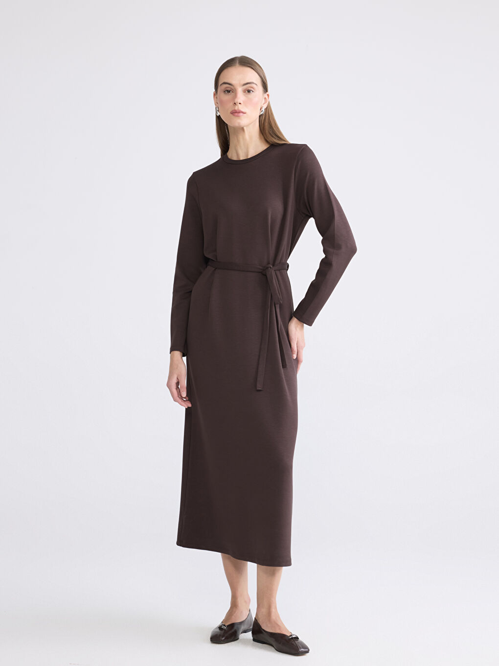 Kahverengi Bisiklet Yaka Beli Kuşaklı Soft Touch Elbise-1