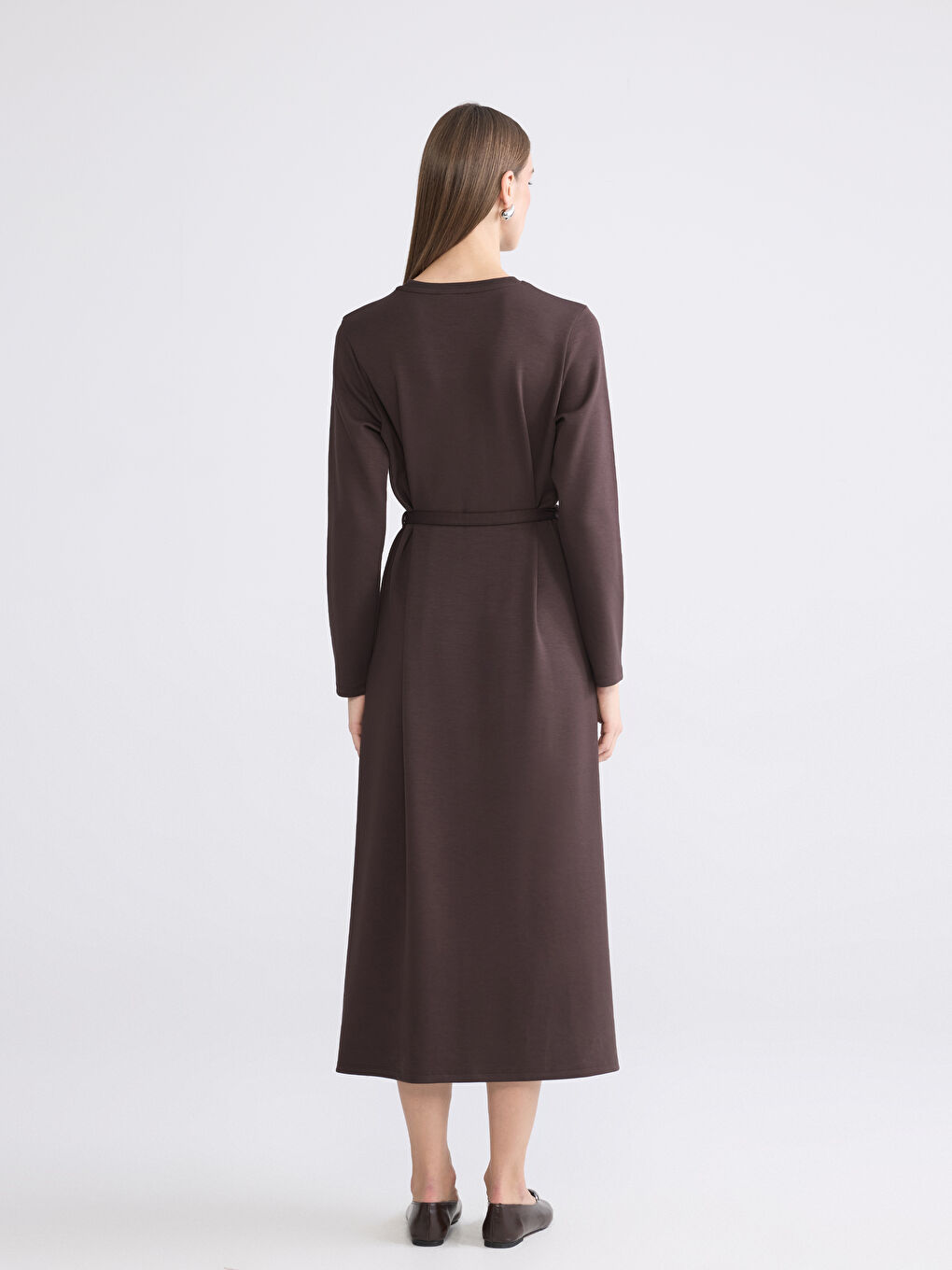 Kahverengi Bisiklet Yaka Beli Kuşaklı Soft Touch Elbise-3