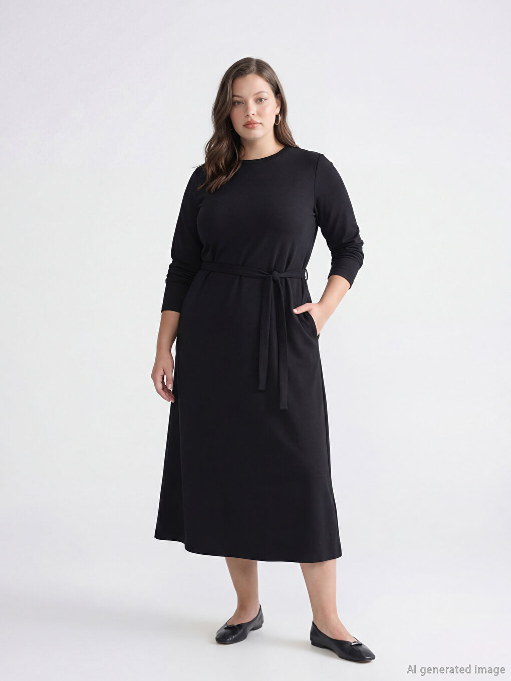 Bisiklet Yaka Beli Kuşaklı Soft Touch Elbise-1