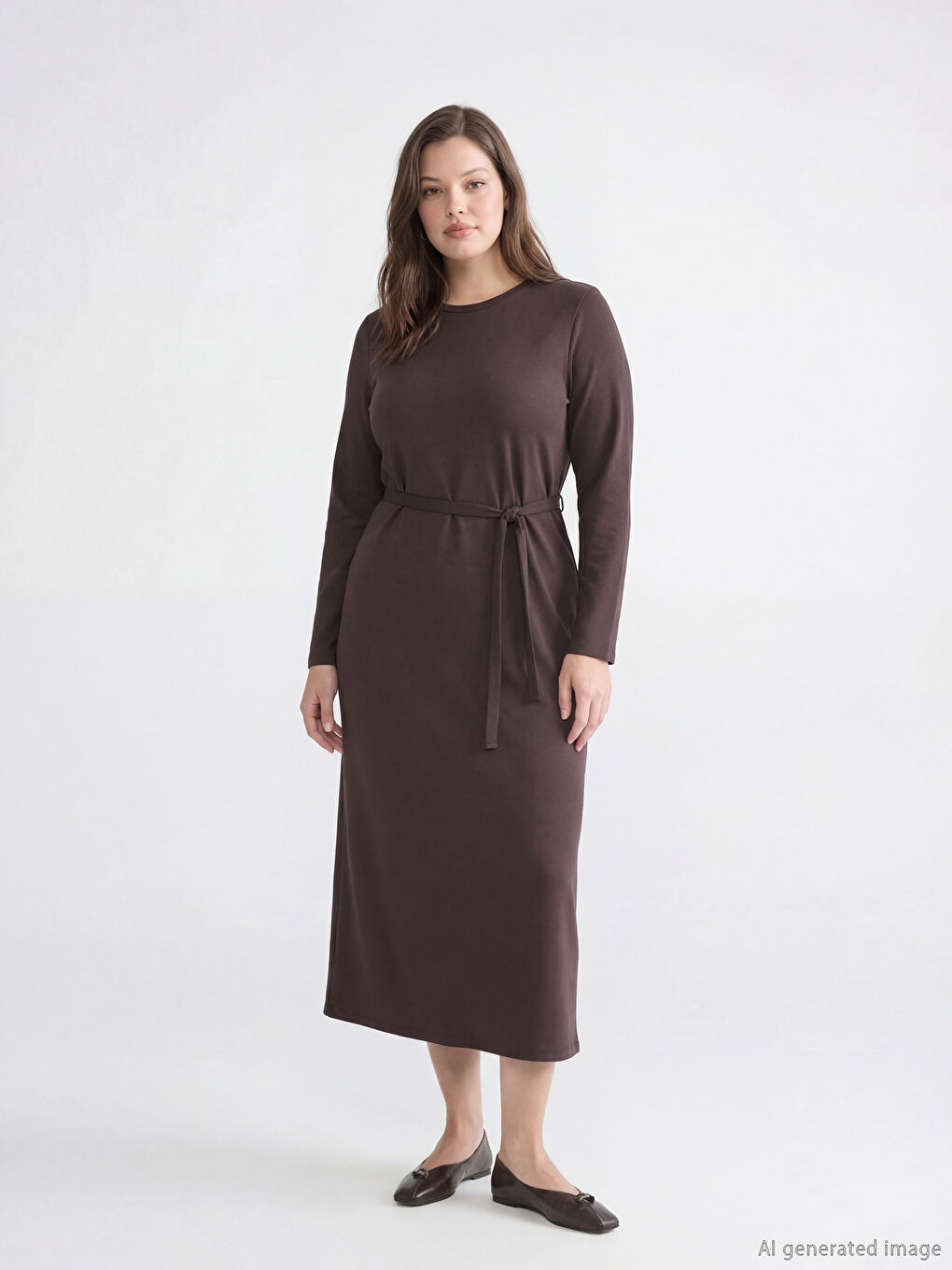 Платье из мягкой ткани с круглым вырезом и поясом-1