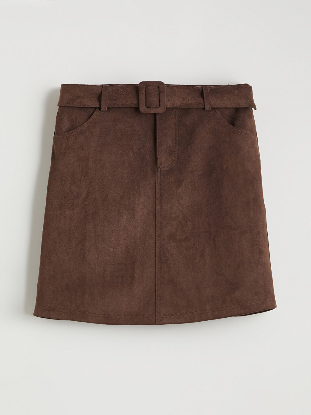 Kahverengi Beli Kemerli Süet Görünümlü Mini Etek-3