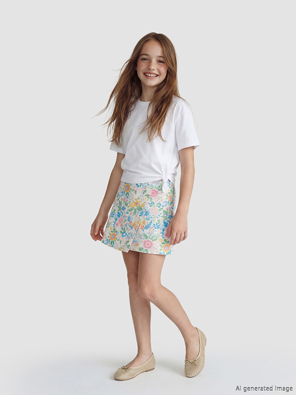 Ekru Çiçek Desenli Kız Çocuk Şort Etek