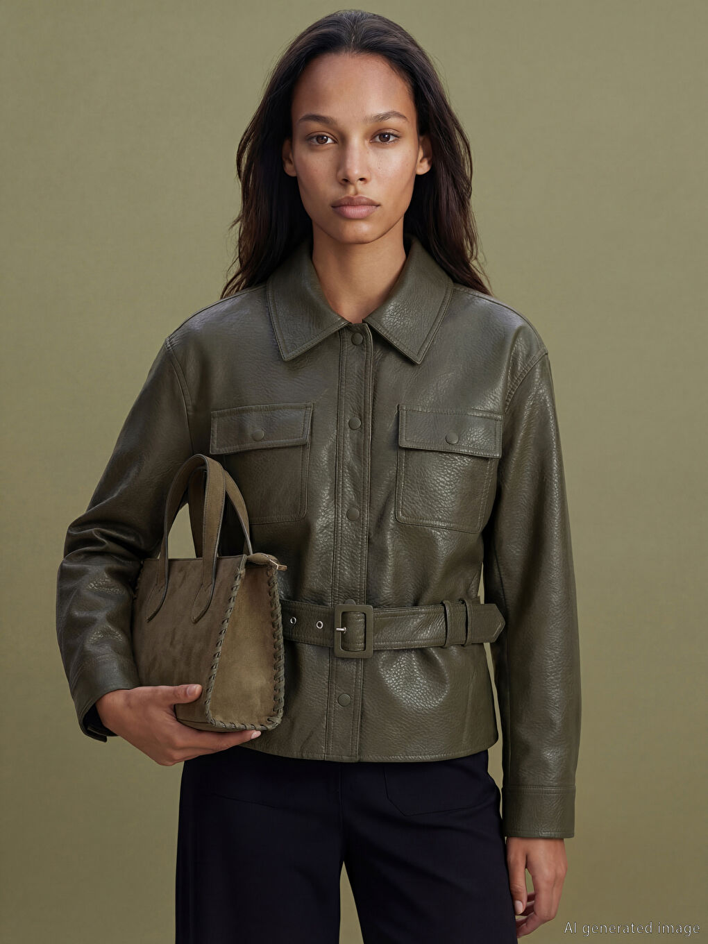 Haki Gömlek Yaka Kemerli Kadın Deri Görünümlü Ceket