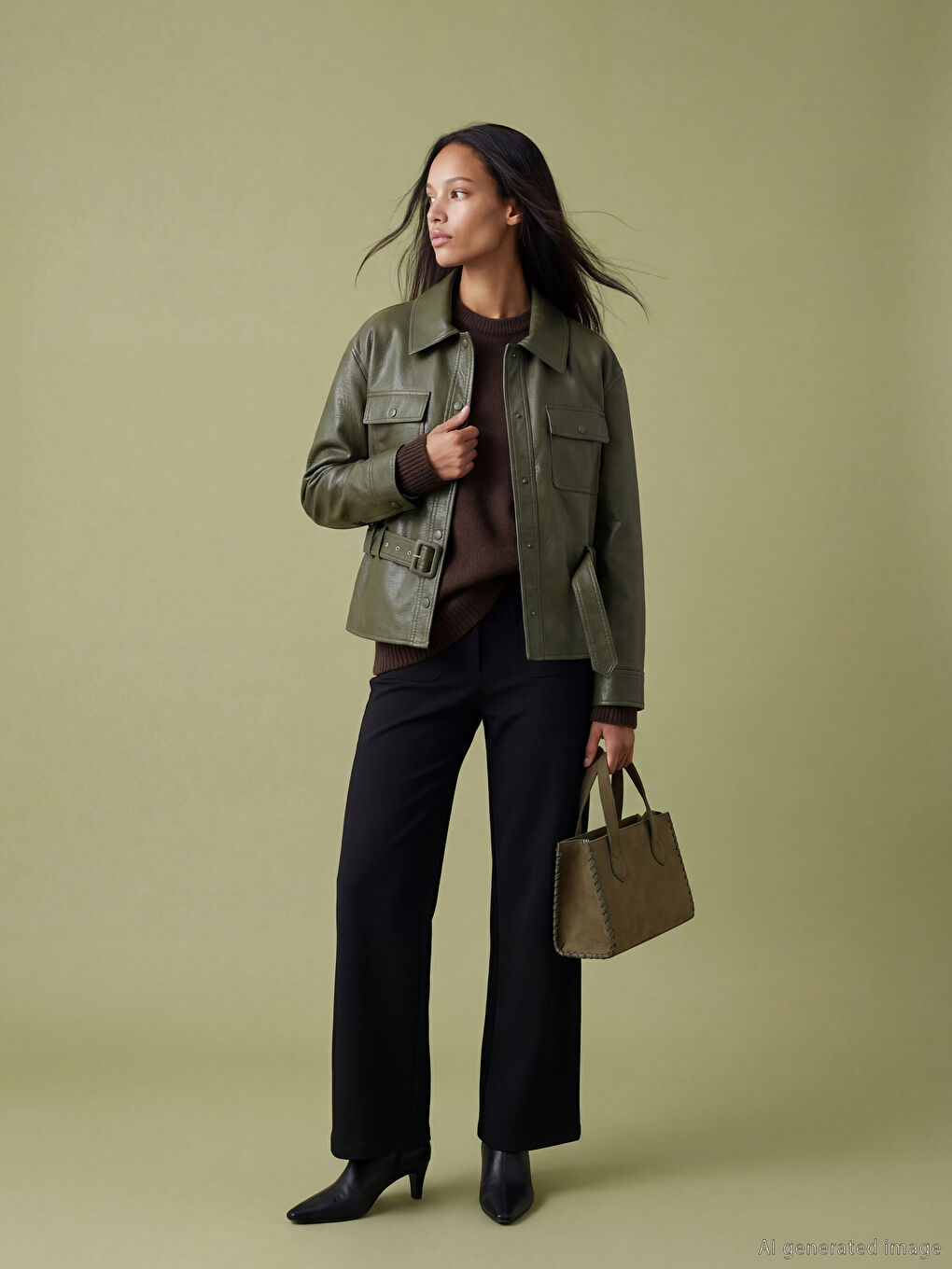 Haki Gömlek Yaka Kemerli Kadın Deri Görünümlü Ceket-1