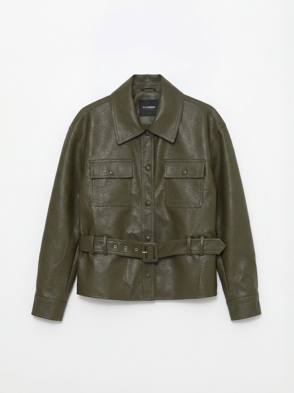 Haki Gömlek Yaka Kemerli Kadın Deri Görünümlü Ceket-7