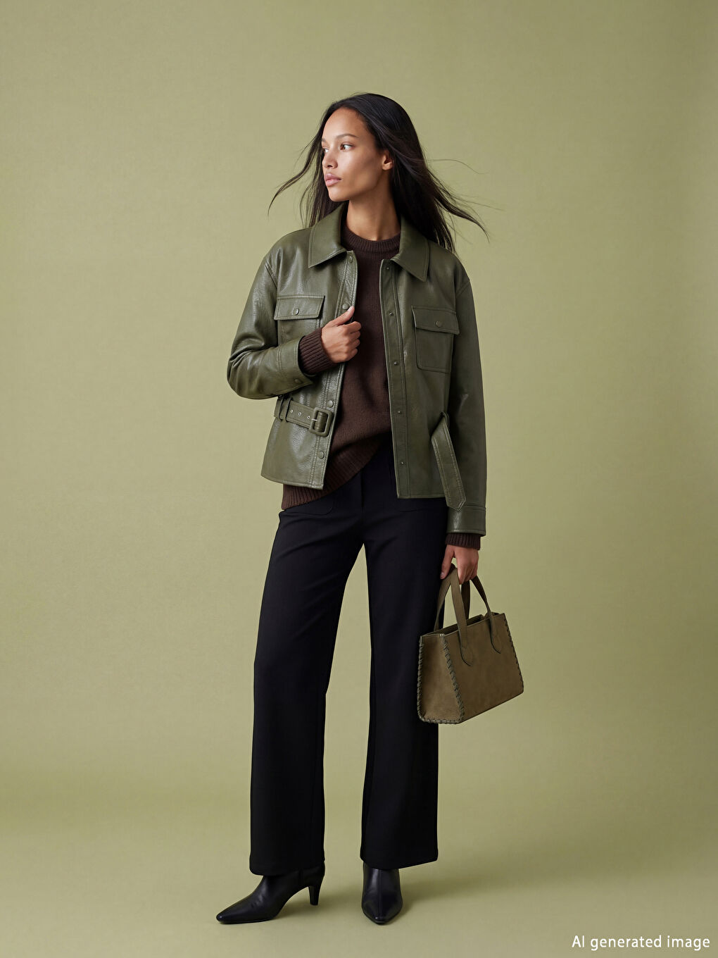 Haki Gömlek Yaka Kemerli Kadın Deri Görünümlü Ceket-8