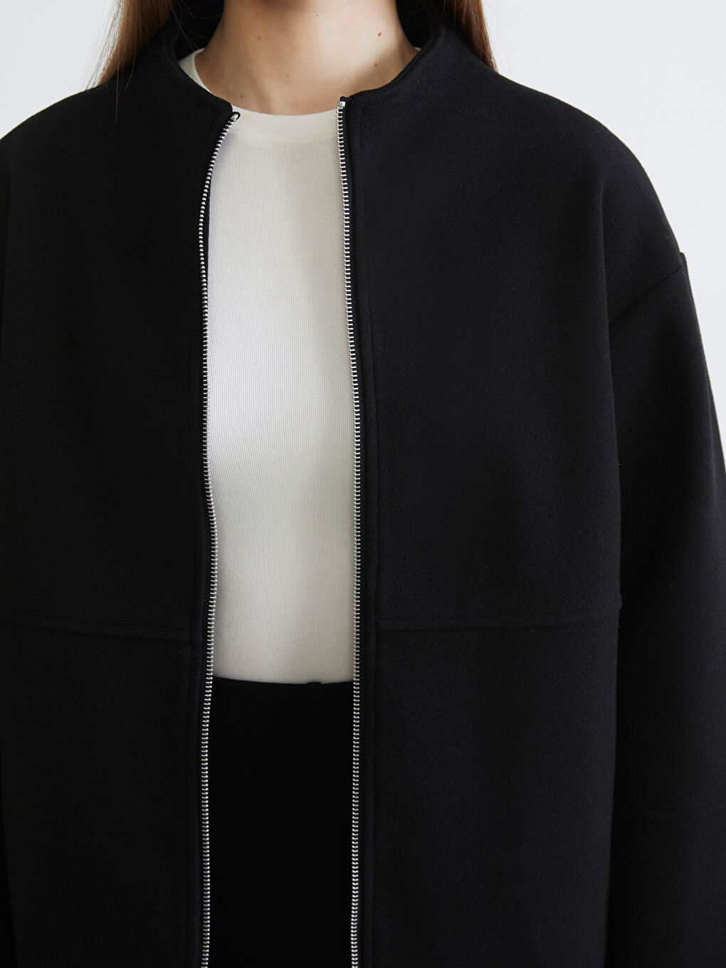 Siyah Bisiklet Yaka Kadın Kaşe Kaban-2