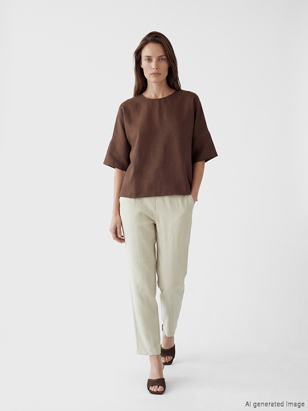 Pantalon Femme Aspect Lin à Taille Élastiquée