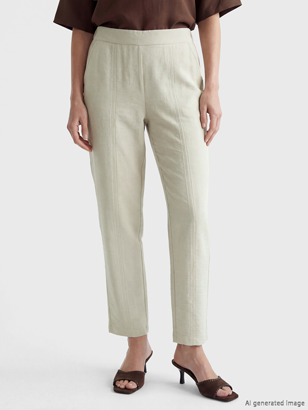 Pantalon Femme Aspect Lin à Taille Élastiquée-1