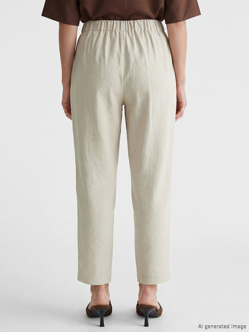 Pantalon Femme Aspect Lin à Taille Élastiquée-3