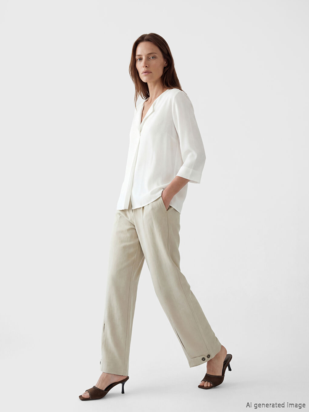 Bej Beli Lastikli Keten Görünümlü Kadın Pantolon