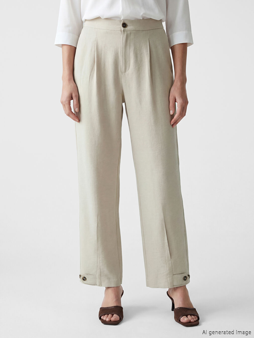 Bej Beli Lastikli Keten Görünümlü Kadın Pantolon-1