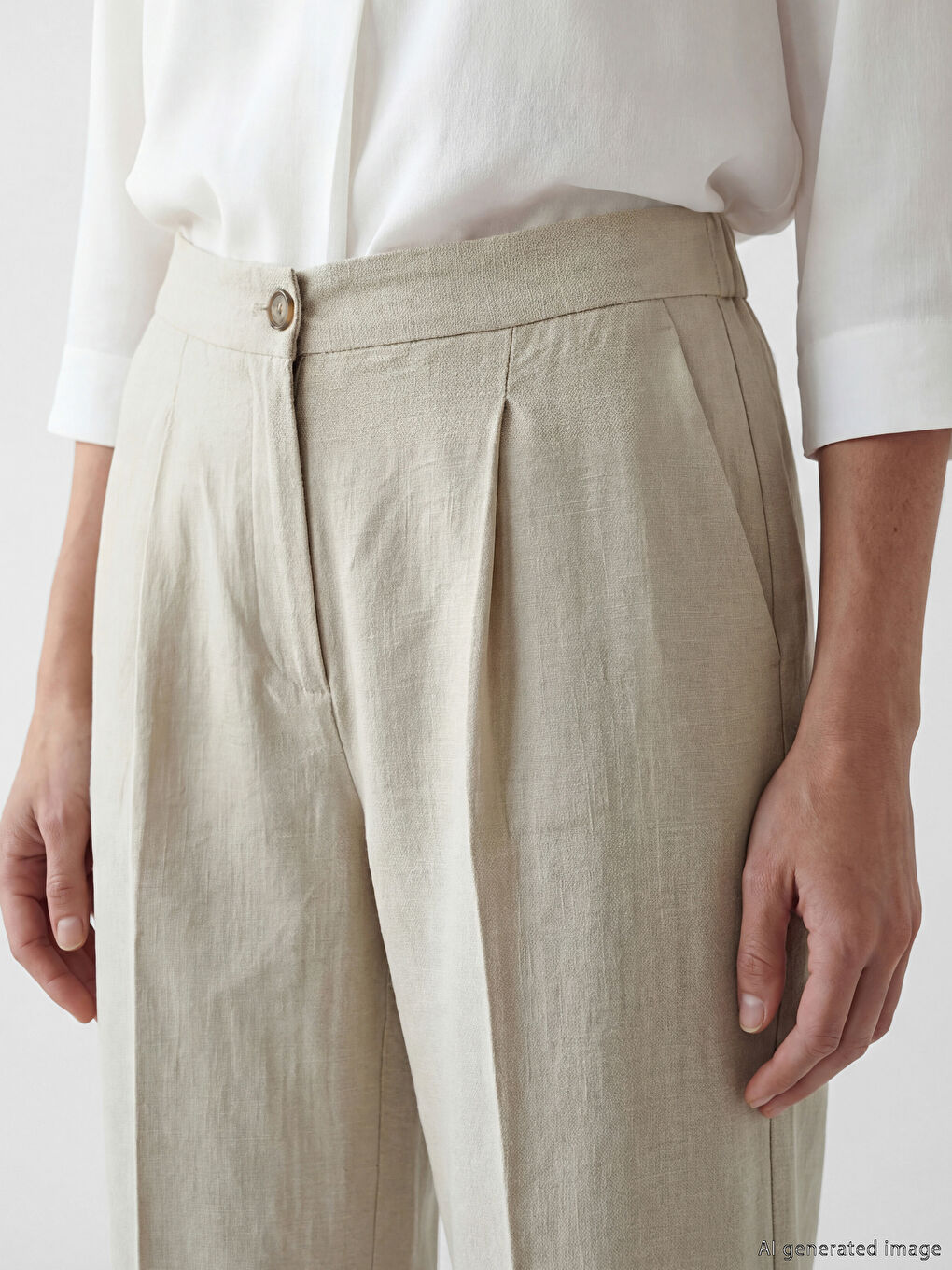 Bej Beli Lastikli Keten Görünümlü Kadın Pantolon-2