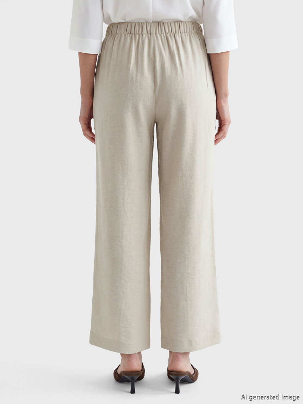 Bej Beli Lastikli Keten Görünümlü Kadın Pantolon-3