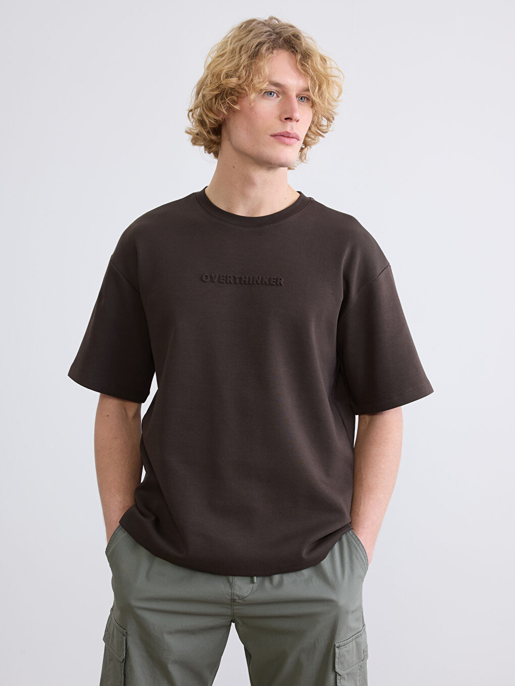 Kahverengi Bisiklet Yaka Baskılı Erkek Tişört