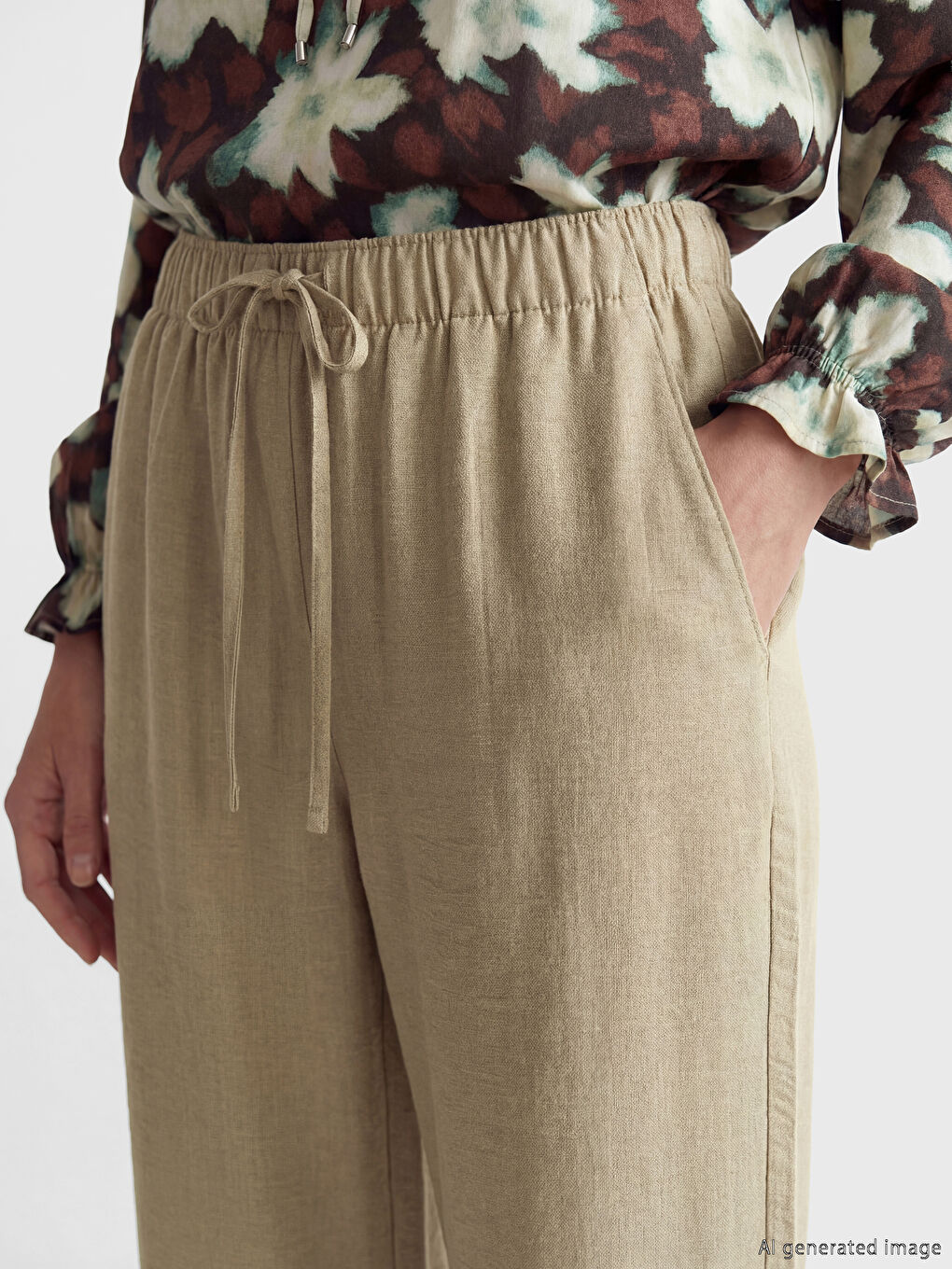 Haki Beli Lastikli Kadın Pantolon-2