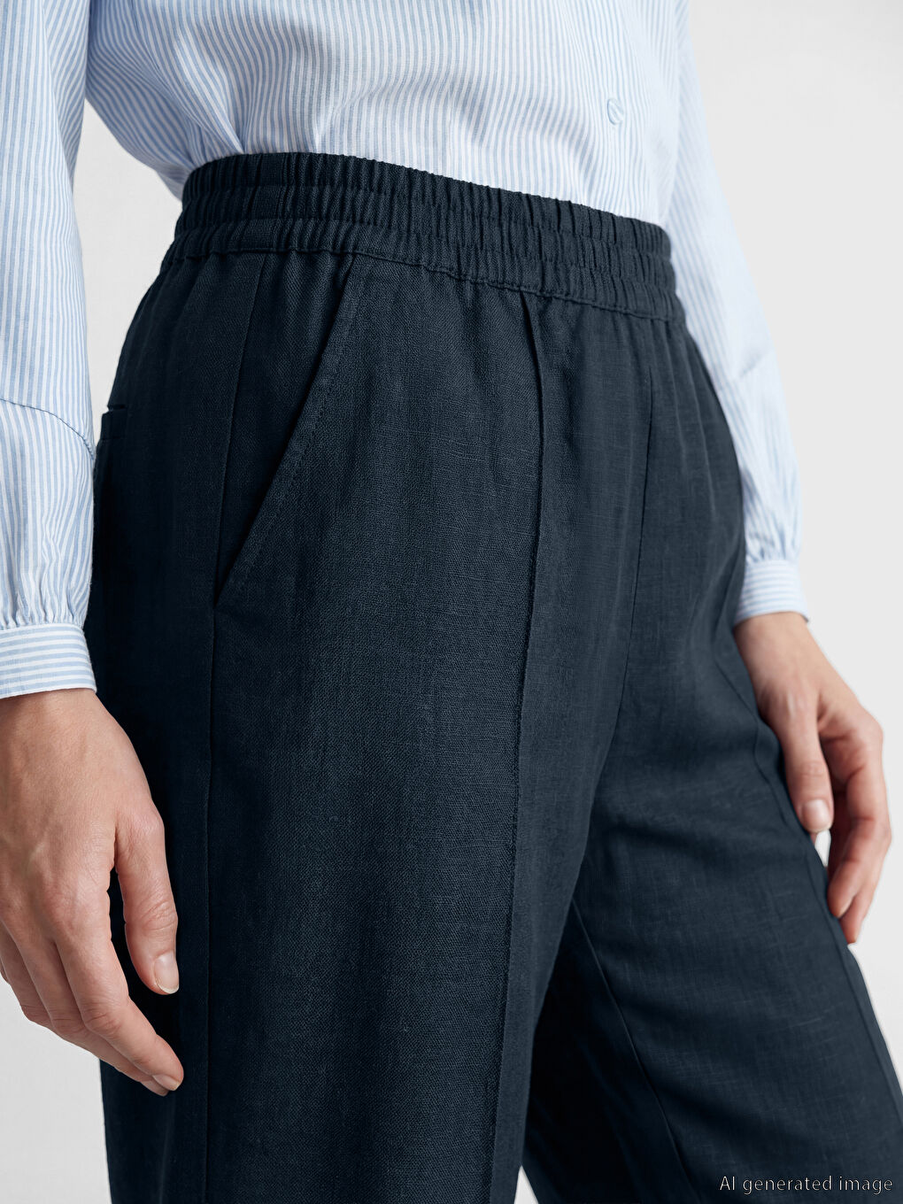 Lacivert Beli Lastikli Keten Karışımlı Kadın Pantolon-2