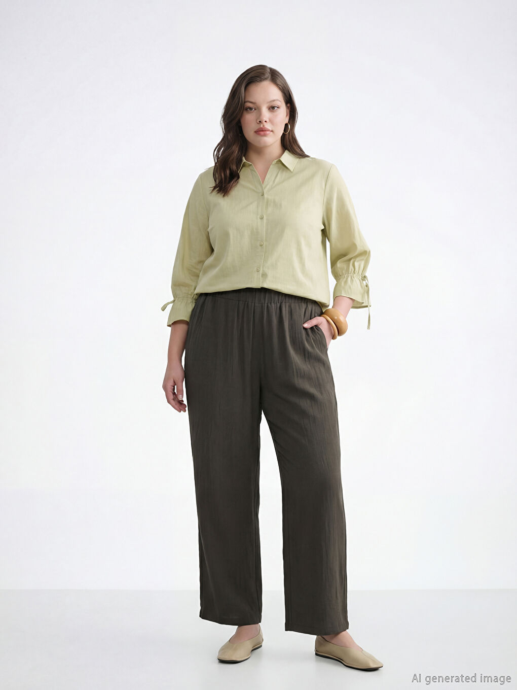 Haki Beli Lastikli Dokulu Saten Kadın Pantolon-1