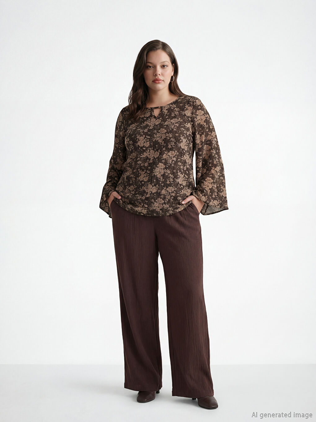 Kahverengi Beli Lastikli Dokulu Saten Kadın Pantolon-1