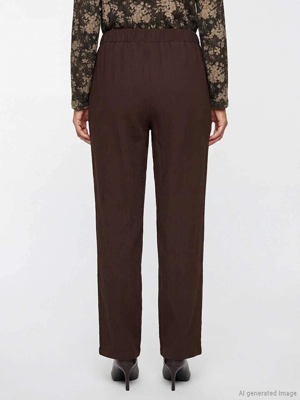 Kahverengi Beli Lastikli Dokulu Geniş Paça Kadın Pantolon-2