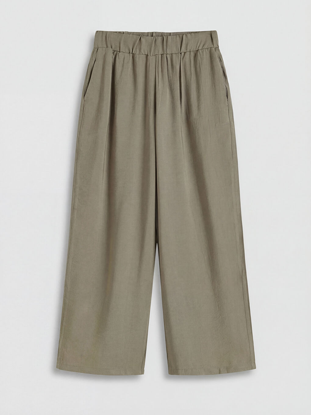 Haki Beli Lastikli Dokulu Saten Kadın Pantolon