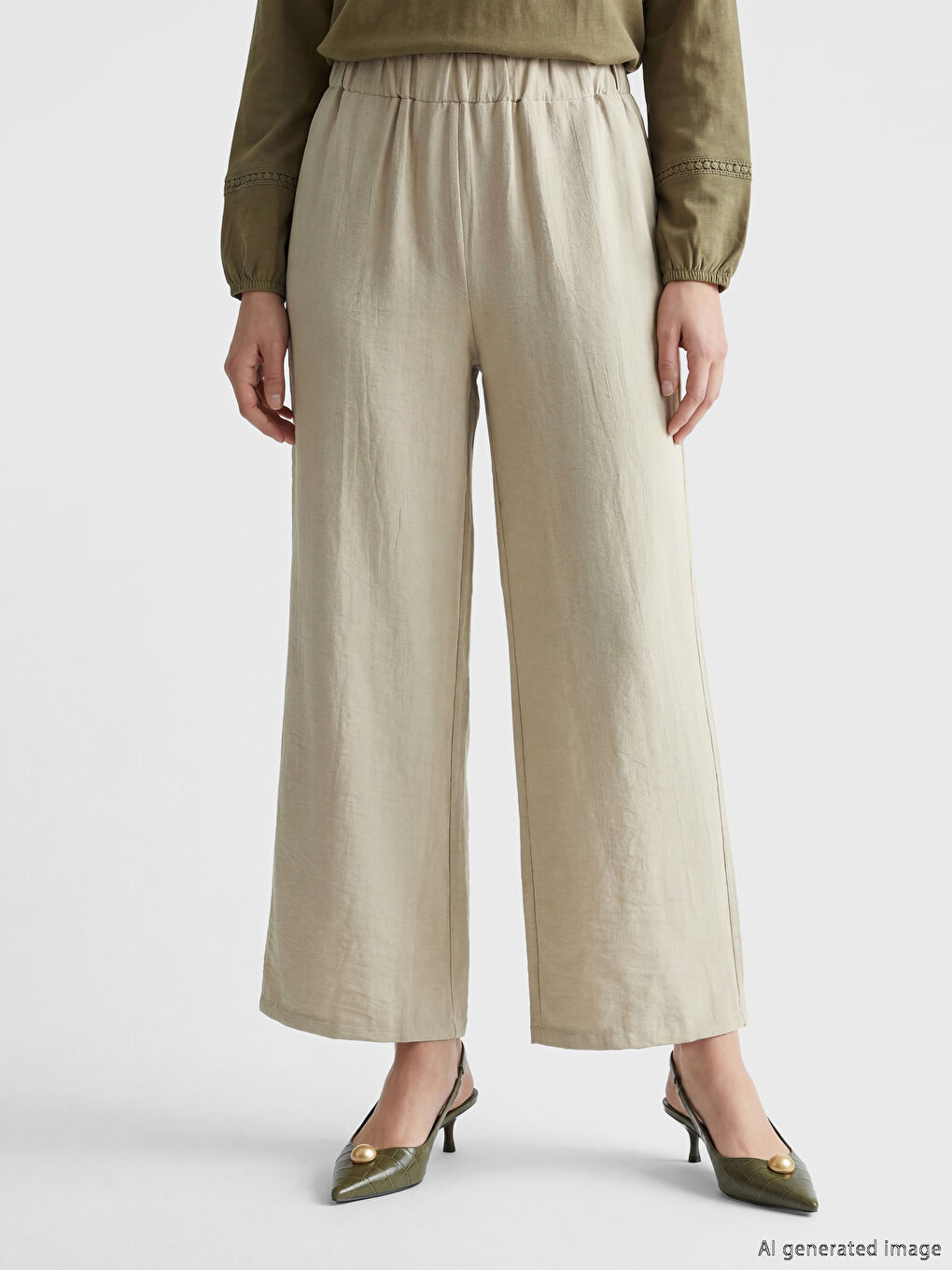 Bej Beli Lastikli Dokulu Saten Kadın Pantolon-1