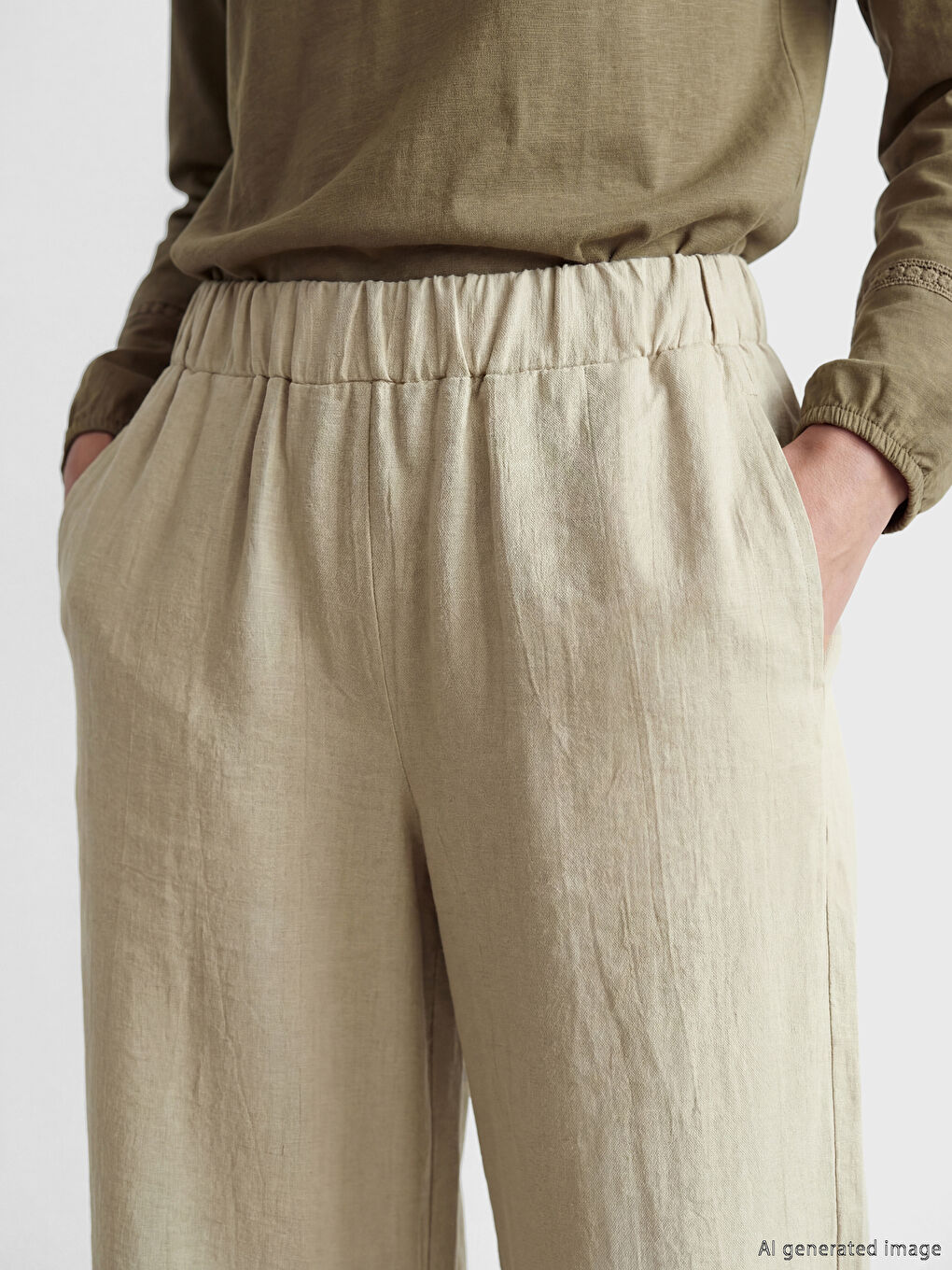 Bej Beli Lastikli Dokulu Saten Kadın Pantolon-2