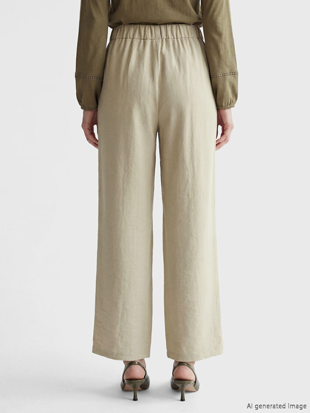 Bej Beli Lastikli Dokulu Saten Kadın Pantolon-3