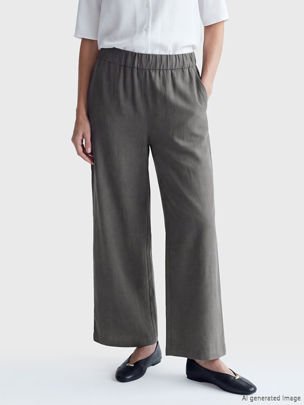 Antrasit Beli Lastikli Dokulu Saten Kadın Pantolon-1