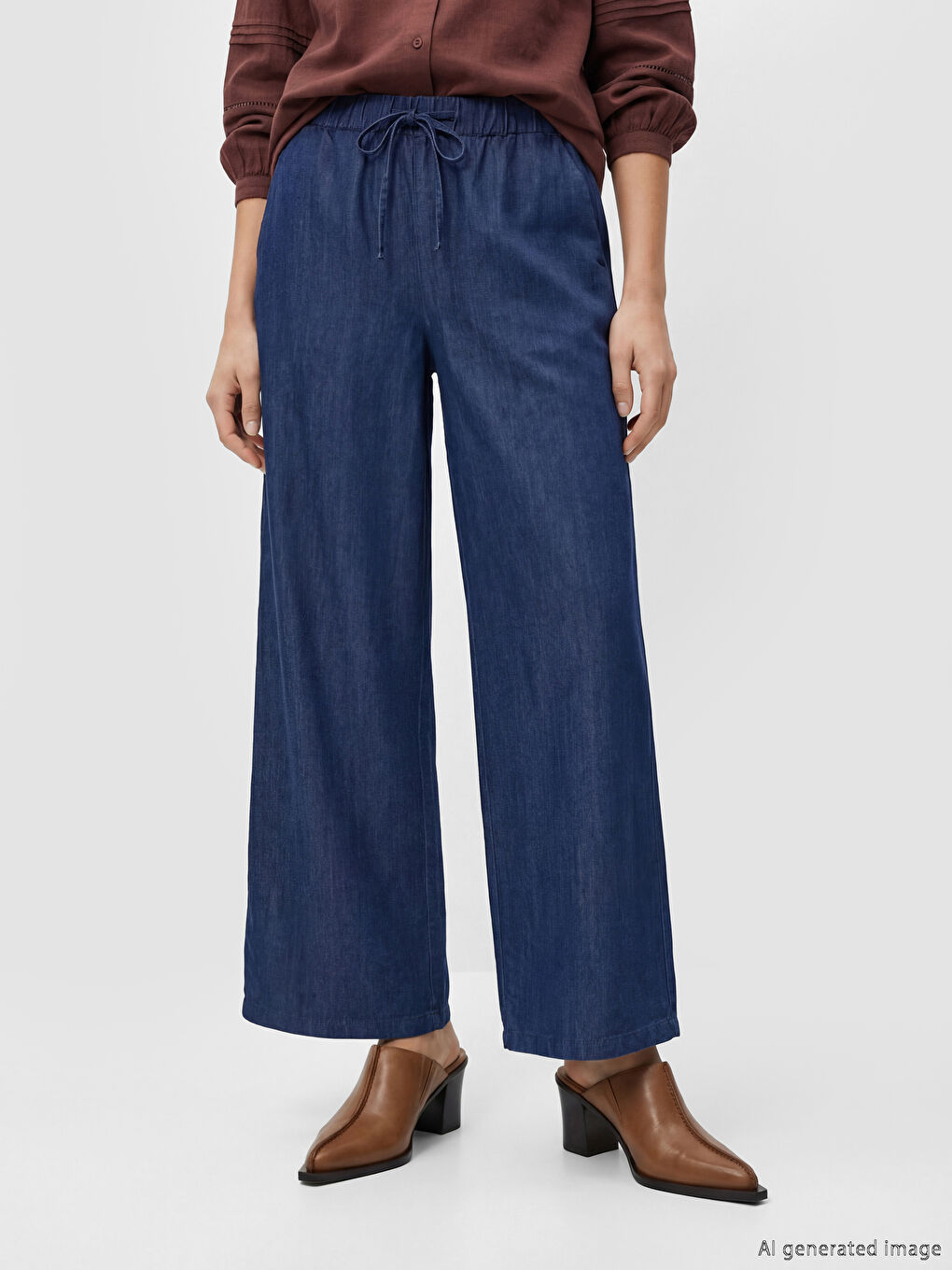 Siyah Beli Lastikli Wideleg Kadın Jean Pantolon-1