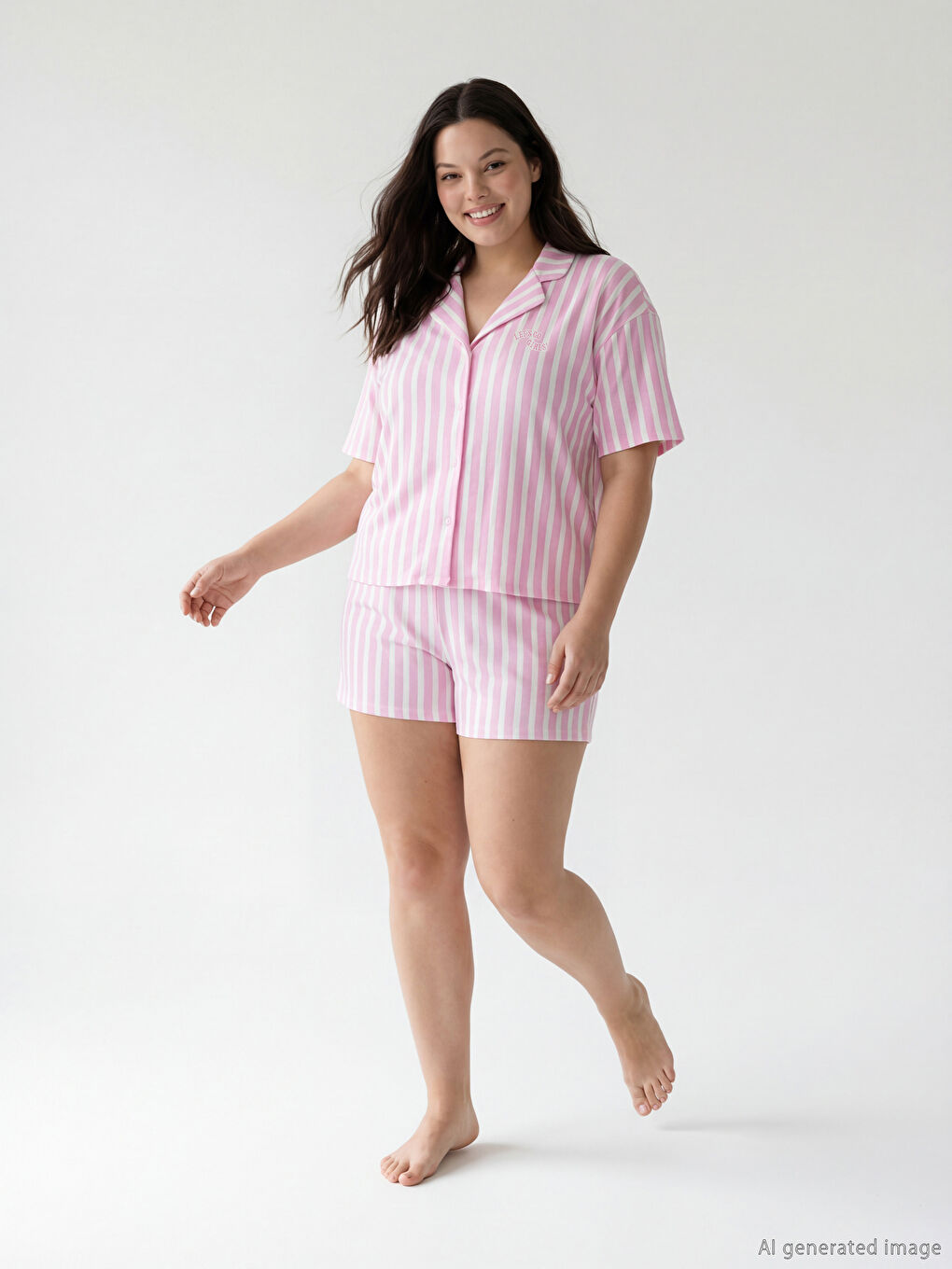 Pembe Gömlek Yaka Çizgili Kadın Şortlu Pijama Takımı