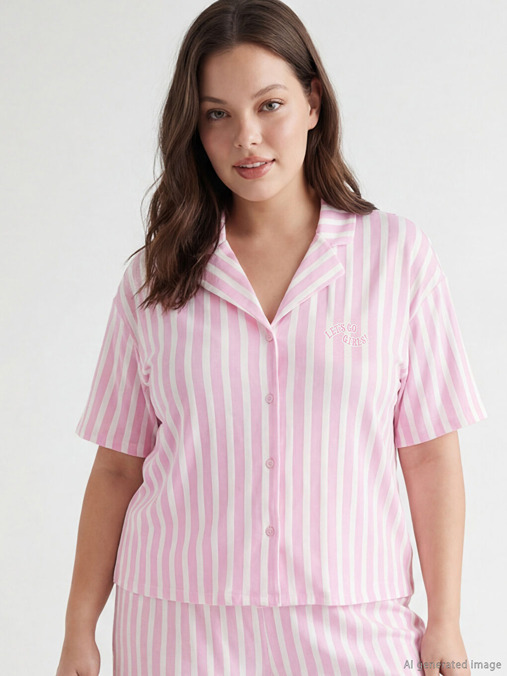 Pembe Gömlek Yaka Çizgili Kadın Şortlu Pijama Takımı-1